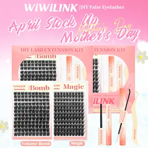WiWiLINK Volume Bomb Magic 3D  Universal Lash Kit – Cluster Lashes in C/D Curl, DIY Lash Extension Set with Clusters (10-18mm, Includes Bond, Seal, and Remover) – Ultra-Thin Transparent Bands