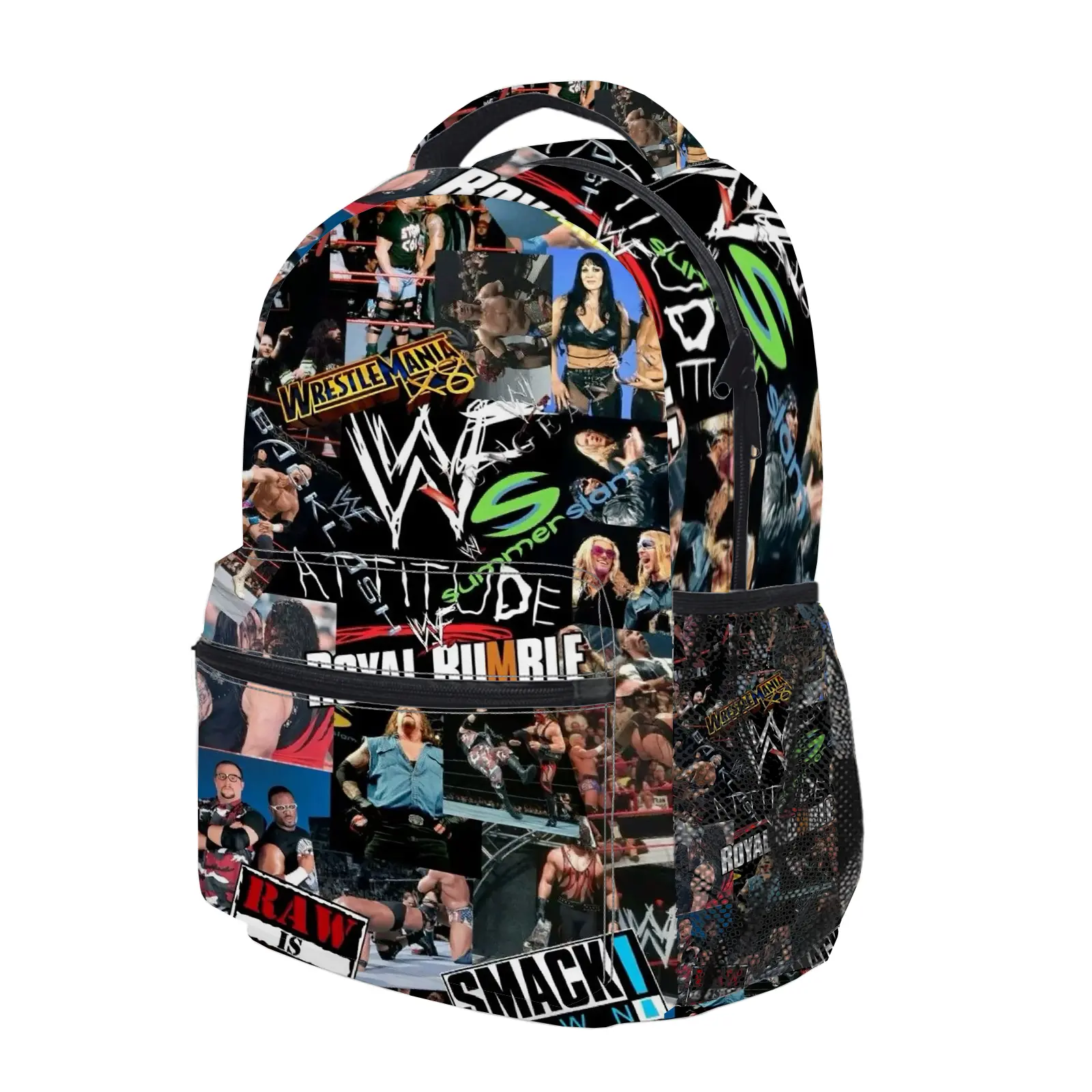WWE Backpack, Cute Y2K Fashion School Bag for Girls and Teens, Durable Cartoon Printed Bookbag with Mesh Side Pockets, Lightweight Travel Daypack for Back to School c-279