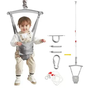 Baby Jumper with a Ceiling Hook for 6-24 Months, Baby Door Jumper for Indoor/Outdoor Play, Infant Jumper Doorway with Adjustable Chain, Easy to Assemble & Store (with a Ceiling Hook)- Grey