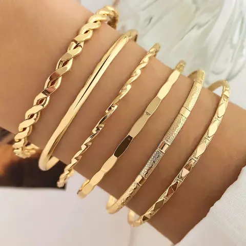 Women's 6pcs Plain Elegant Twist Alloy Trendy Stack Bangle, Stacking Bangles, Stackable Bracelets, Stacked Bracelets, Bracelet Sets, Casual All-match Jewelry for Girls Gift, Simple Classic Fashion Accessories for Daily Wear