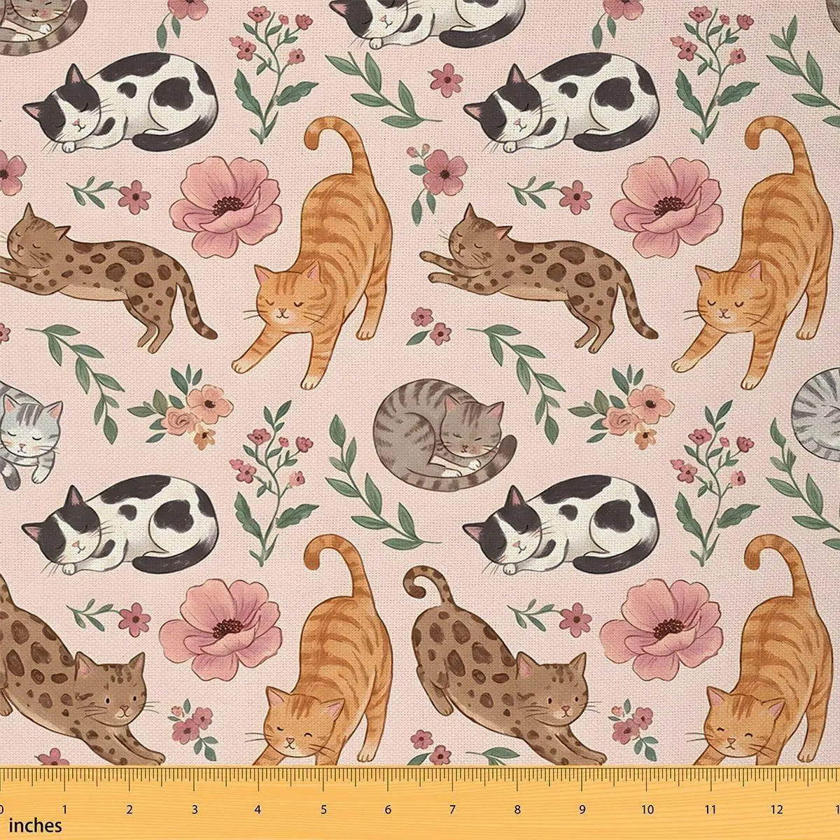 Kawaii Cats Simple Style Fabric,Cute Pet Animal Cartoon Fabric Sewing Supplies,Pink Flowers Green Leaves DIY Soft Flannel Polyester No Stretch
