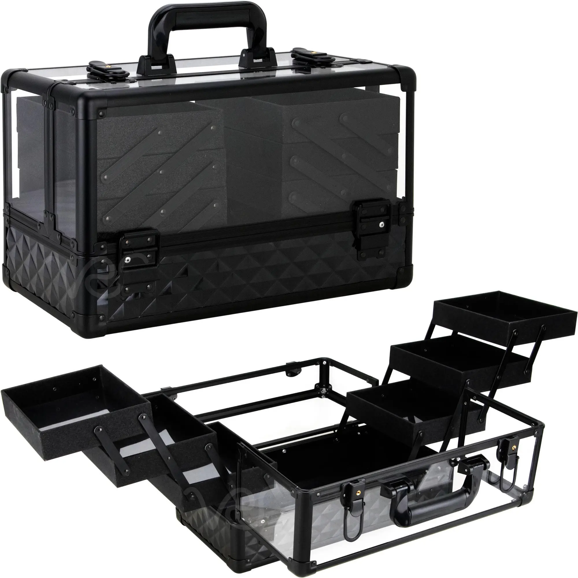 Ver Beauty Professional Jewelry & Makeup Organizer, Heavy Duty Acrylic Travel Case with 6 Extendable Trays and Keylocks (Black Diamond)