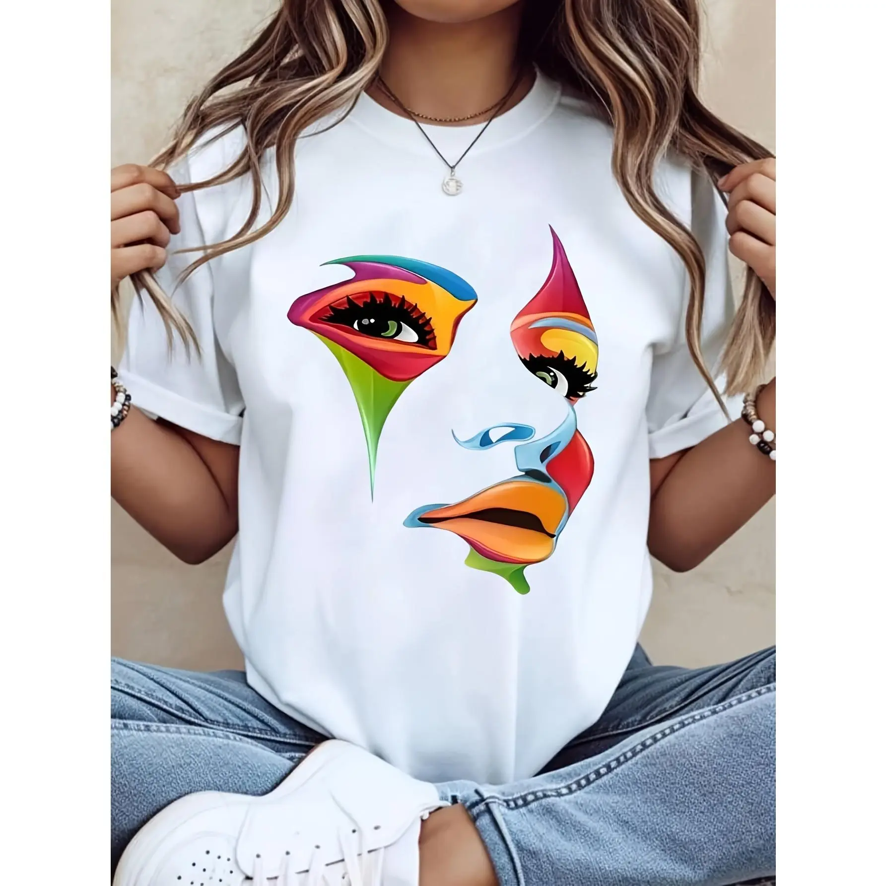 Women's Abstract Art T-Shirt, Surreal Face Graphic Print, Breathable 100% Cotton Oversized Short Sleeve Round Neck Tee, Shortsleeve, Fabric, Tops, Essential, Custom Artwork Women's T-Shirts, Face Pattern Women's T-Shirts