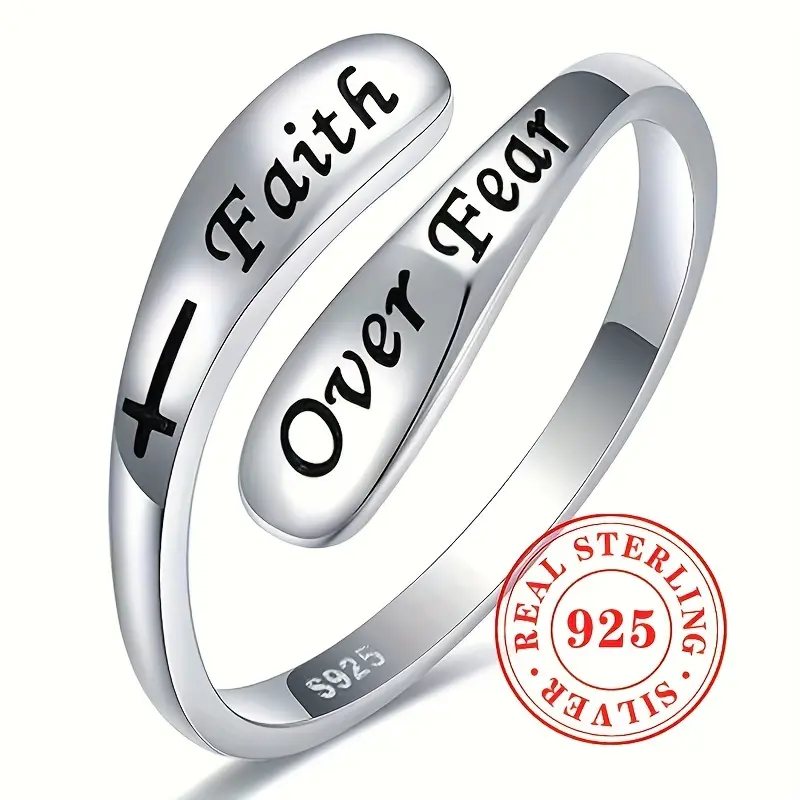 925 Sterling Silver Ring with "Faith Over Fear" Quote, Vintage Adjustable Band for Daily Wear, Unisex Religious Inspirational Jewelry, Inscription Band