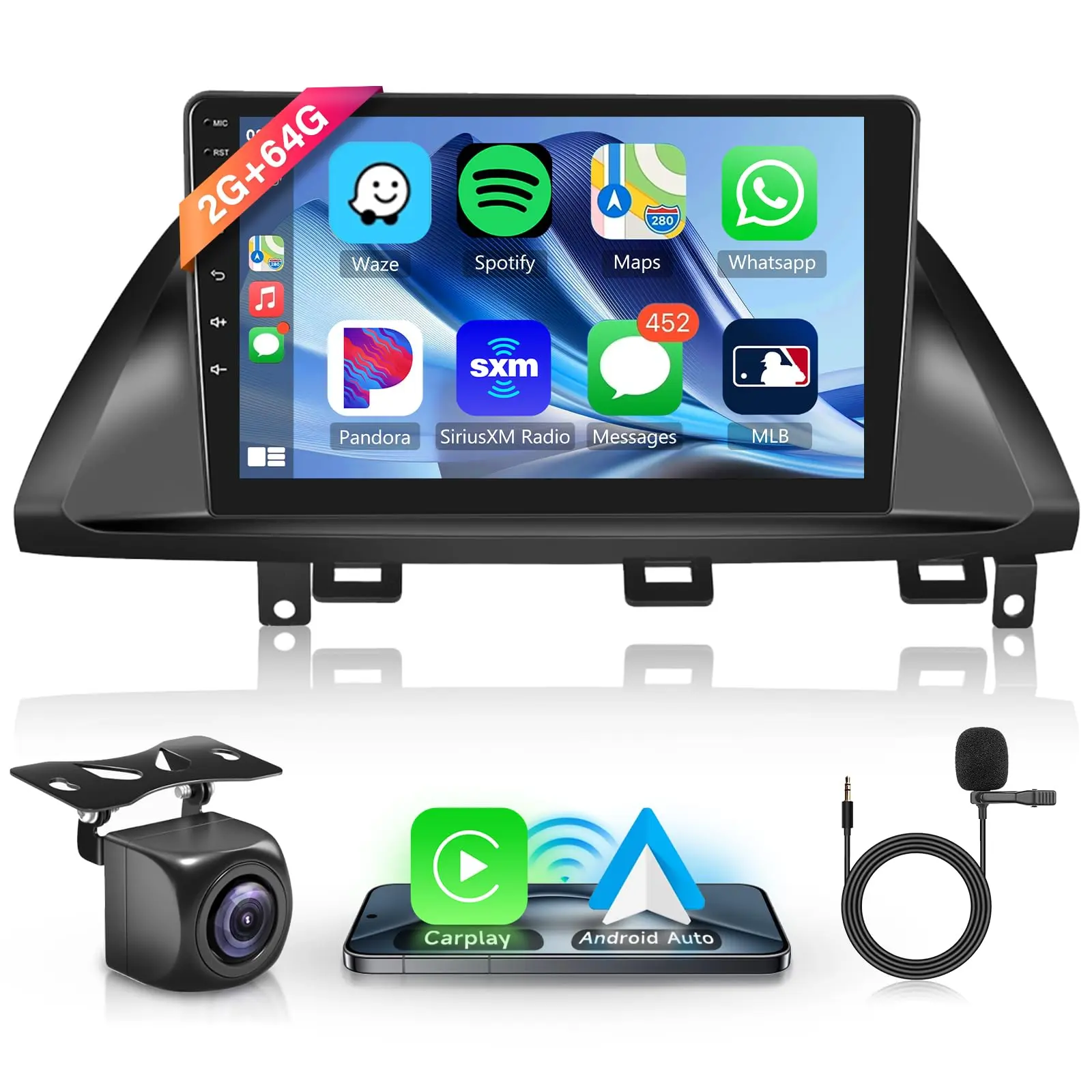 10.1in Double Din Car Video Player for Honda Odyssey 2005-2010, 2+64G Android Car Radio with Wireless CarPlay, Android Auto System, Bluetooth Stereo, GPS, WiFi, Backup Camera, FM/RDS, SWC, CarPlay Screen Adapter, Father's Day Gift, Carplay Screen Adapter