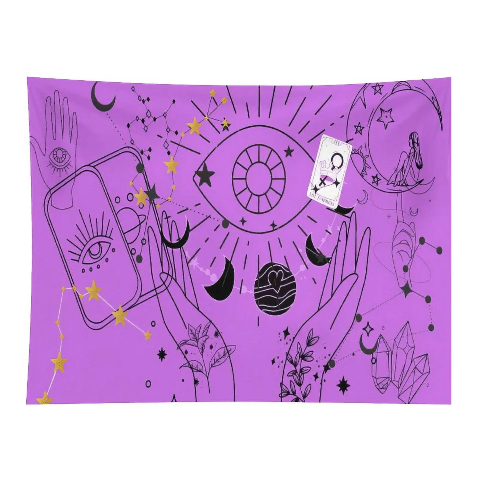 Purple Witchcraft Tarot Tapestry All Seeing Eye Zodiac Constellation Crystal Hand Line Art Mystical Wall Hanging Boho Room Decor