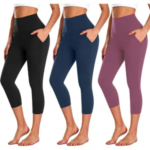 3 Pack Capri Leggings for Women with Pockets-High Waisted Tummy Control Workout Gym Yoga Pants