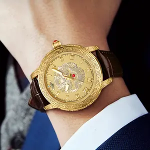 Full Gold Men’s Automatic Mechanical Watch, 3D Engraved Chinese Dragon Relief Gold Dial, Roman Numeral Luminous Markers, Vintage Carved Pattern Bezel, Ruby Gem Accents