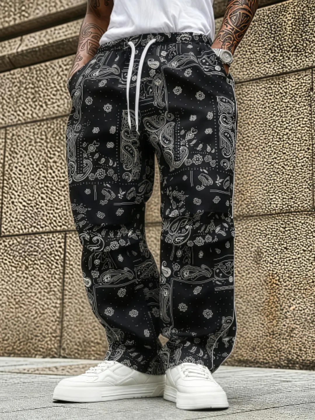 Men's Oversize Paisley Bandana Print Wide-Leg Menswear - Drawstring Elastic Waist, Casual Loose Elastic Boho Pants, Bohemian Street Trousers with Pockets, Retro Style Hip Hop Casual Bottoms, Oversized