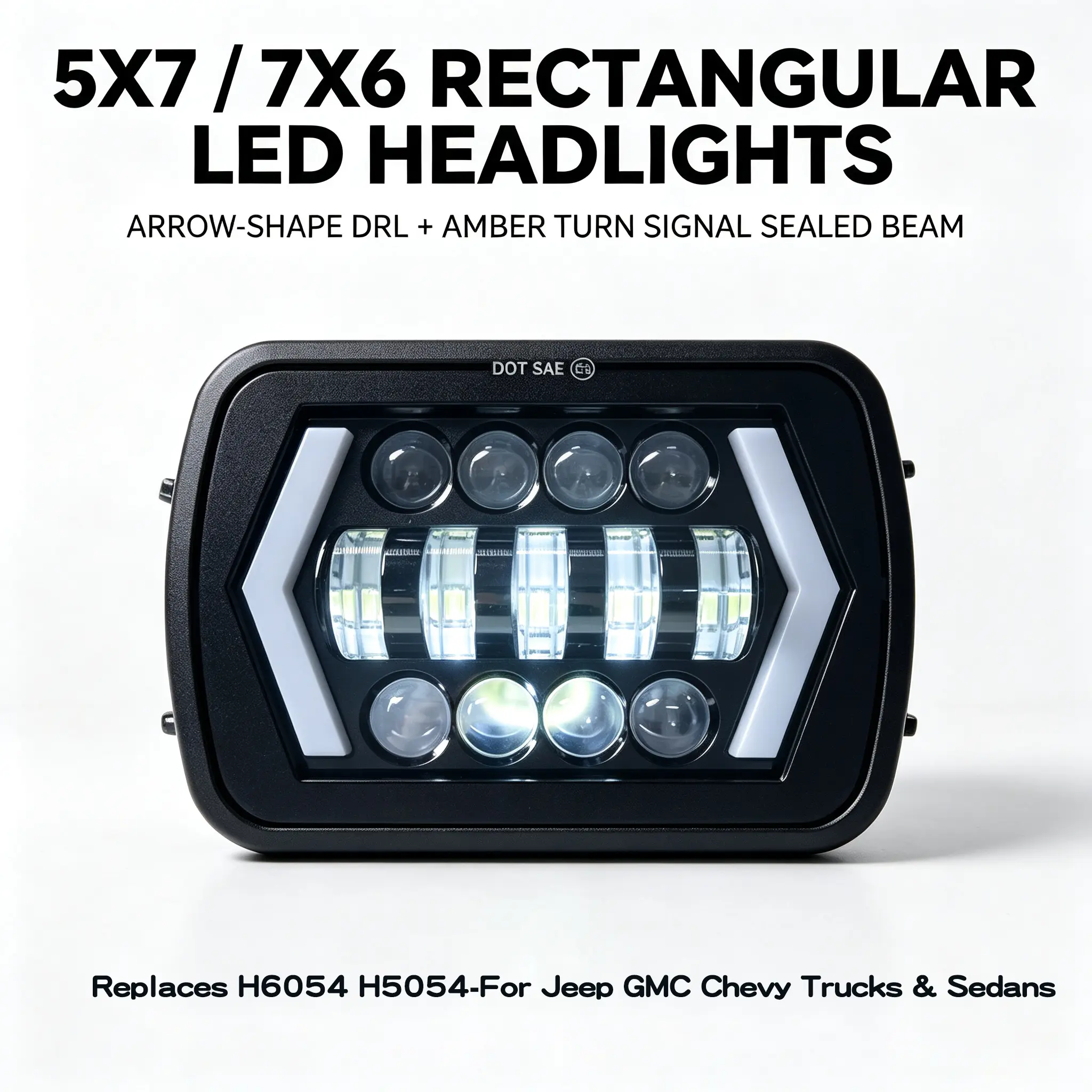5x7 7x6 Inch Rectangular LED Headlights, Arrow Shape Angel Eyes DRL Amber Turn Signal Sealed Beam Headlamp, Replace H6054 H5054 H6054LL 69822, Compatible with Jeep Cherokee XJ Wrangler YJ, GMC & Chevrolet Trucks, Sedans