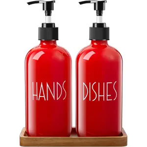 Dish Soap Dispenser for Kitchen - 16 OZ Glass Soap Dispenser with Pump - Hand Soap Dispenser Set with Acacia  Tray - Red Kitchen Bathroom Decor and Accessories