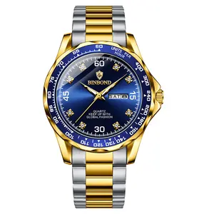 BINBOND Watch for Men Business Gift Big Face Luxury Diamond Steel Strap Quartz Waterproof Luminous Day-Date Watch Men Wrist Watch G503