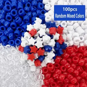 100pcs/set 6×9mm Patriotic Pony Beads - different Styles Red White & Blue Candy Beads Suitable for Hair Braiding, DIY Jewelry Crafts, Bracelet Making, Ponytail Beads for 4th of Braiding Supplies for & party activities