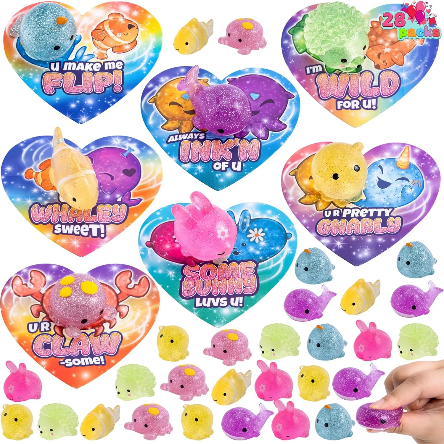 28 PCS Valentines Day Gift Cards with Glitter Mochi Squishy Toys, Cute Sea Animals Mochi to Squeeze, Stress Relief Fidget Toys for Kids Valentine Party Favor Classroom Class Exchange Prizes