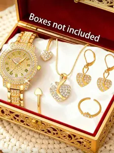 Sparkling Watch Set with Heart Theme Jewelry, Includes Necklace, Earrings, Ring, Bracelet, Elegant Style, Perfect Gift for Holidays, Fashionable Jewelry Set