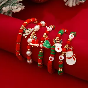 5pcs Set of Colorful Polymer Clay Crystal Acrylic Beaded Bracelets Holiday Party Christmas Elk Christmas Tree Santa Claus Decoration Combination Elastic Bracelet