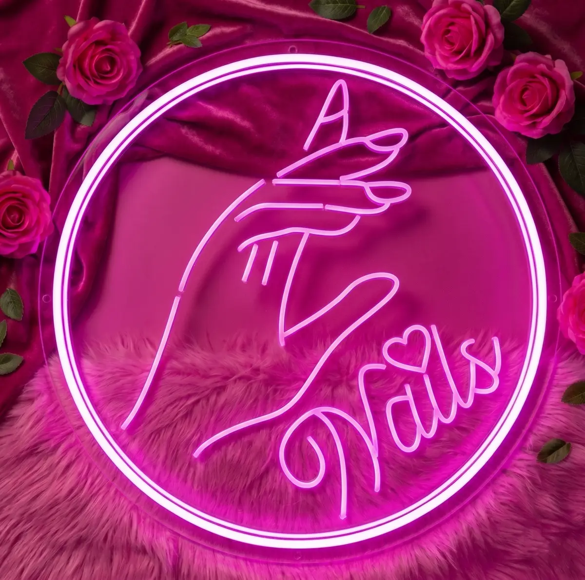 Pink Nails LED Neon Sign for Nail Salon Decor, Glam Hand & Heart Neon Light, Beauty Room Wall Art Decor, Manicure Shop Business Sign