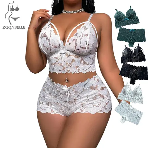 Women's Plus Size 2-Piece Elegant Floral Lace Sexywear Bra Set - Corset-Style Teddy with Adjustable Straps, Polyester Underwear, Plant-Accent Design, Style for Birthday Party, Halloween Costume