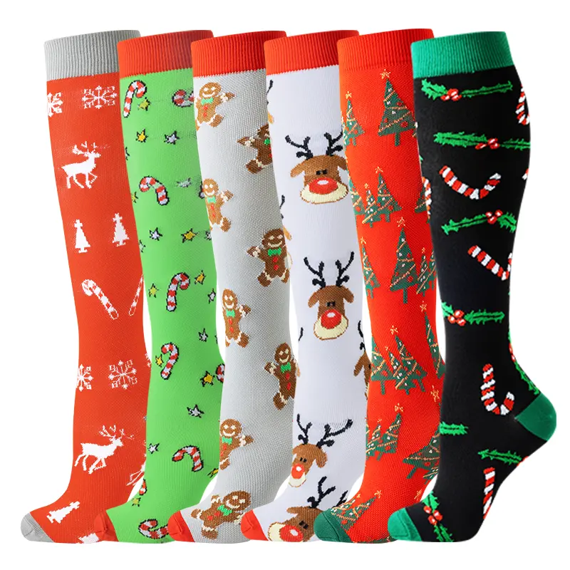 MhzyCaus 6-Pack Christmas Compression Socks for Women & Men, Holiday Calf Socks with Reindeer, Candy Cane and Snowflake Patterns, Colorful Xmas Crew Socks, Fun Winter Gift Socks for Party, Travel and Everyday Wear