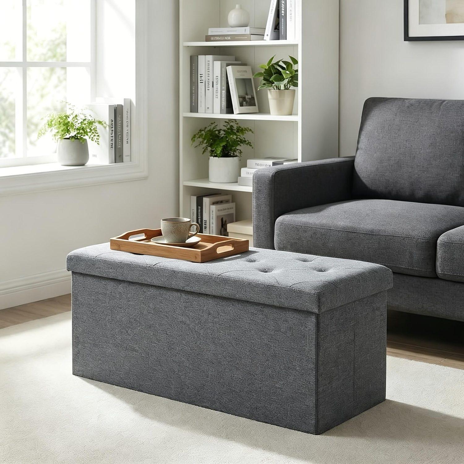 Grey Heavy-Duty Multi-Functional Folding Storage Ottoman Bench with Cushion - Indoor & Outdoor Use, Space-Saving Design, Water-Resistant Easy-to-Clean Surface - Ideal for Living Room, Patio, Tool Storage