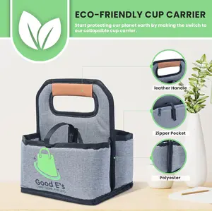Good E's 4 Cup Reusable Coffee Cup Carrier - Insulated, Waterproof, Collapsible, Portable Tote Bag for Cold/Hot Beverages (16oz to 24oz) with Leather Handle - Mug, Drinkware (Black) Tumbler Bottles
