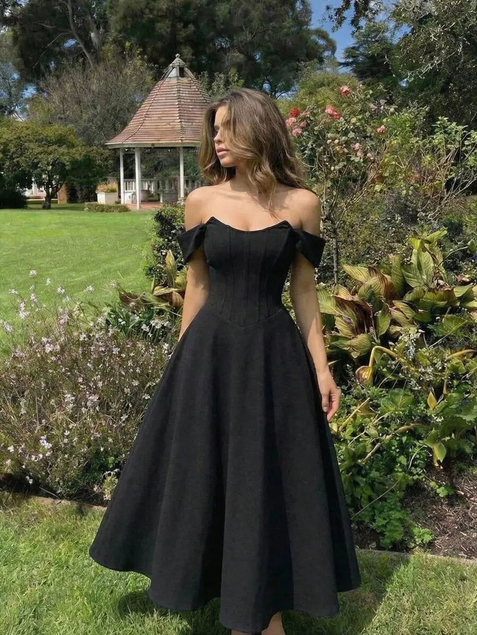 Women's Vintage Black Fishbone Pattern Asymmetric Shoulder Dress,Elegant Summer Dining Evening Formal Gown,Retro Renaissance Homecoming Ball Dress