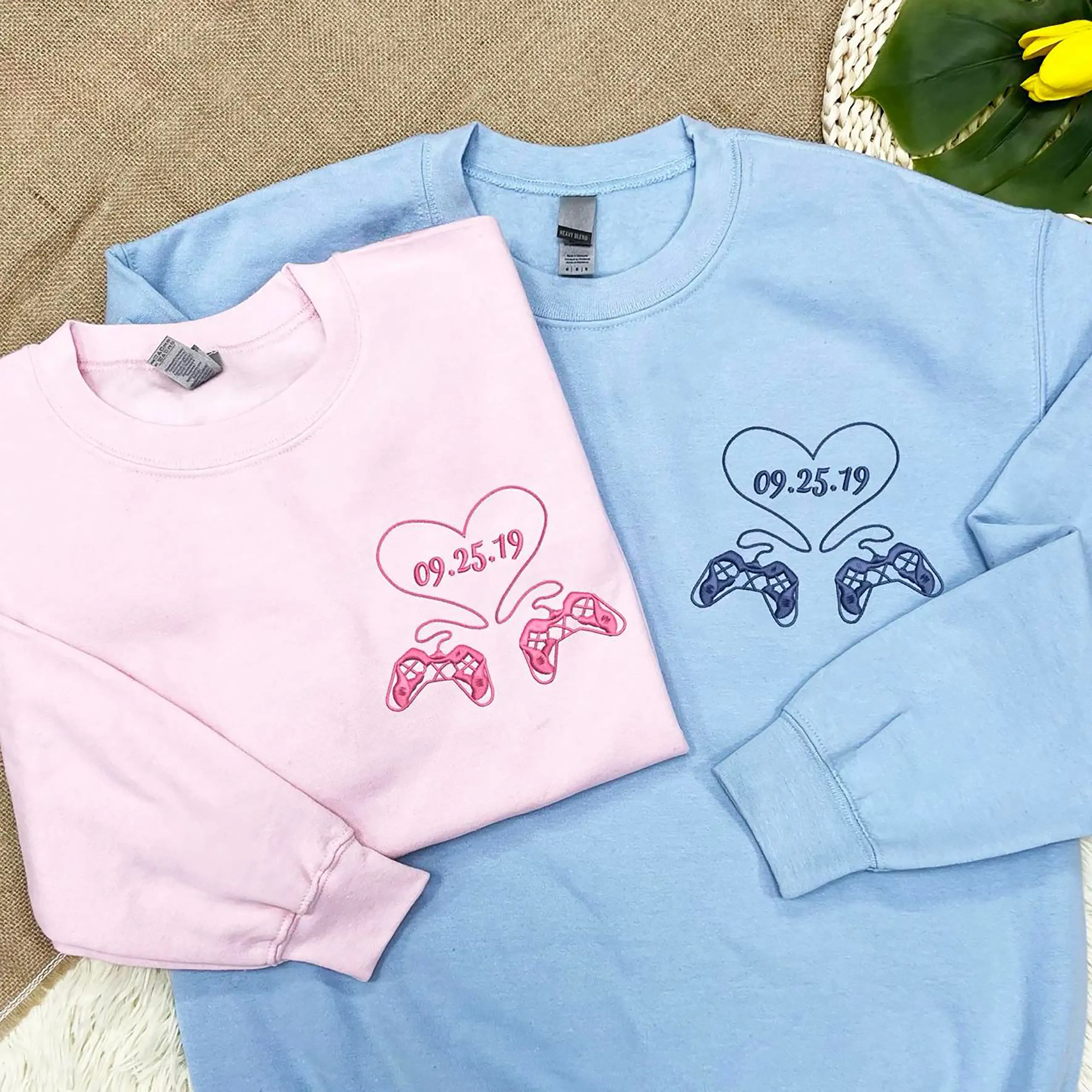 Custom Embroidered Gamer Controller Love Matching Sweatshirt for Couples, Embroidered Couple Hoodie, Personalized Anniversary Shirt, Engagement Sweatshirt, Embroidered Gamer Controller Shirt, Love Matching Hoodie