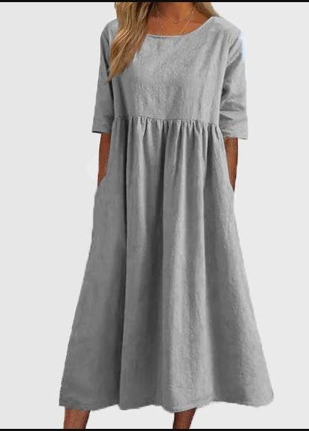 Women's Oversized Cotton Linen Dress Casual Half Sleeve Crewneck Flowy Midi Smock Dresses with Pockets Plus Size S-5XL