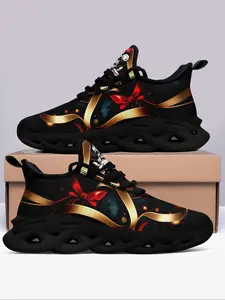 Men's Punk Style Christmas Theme Bowknot & Santa Claus Pattern, Casual Trendy Lace Up Blade Sole Sneakers, Fashionable Soft Sole Sports Shoes for Daily Wear, Trendy Walking Sneaker