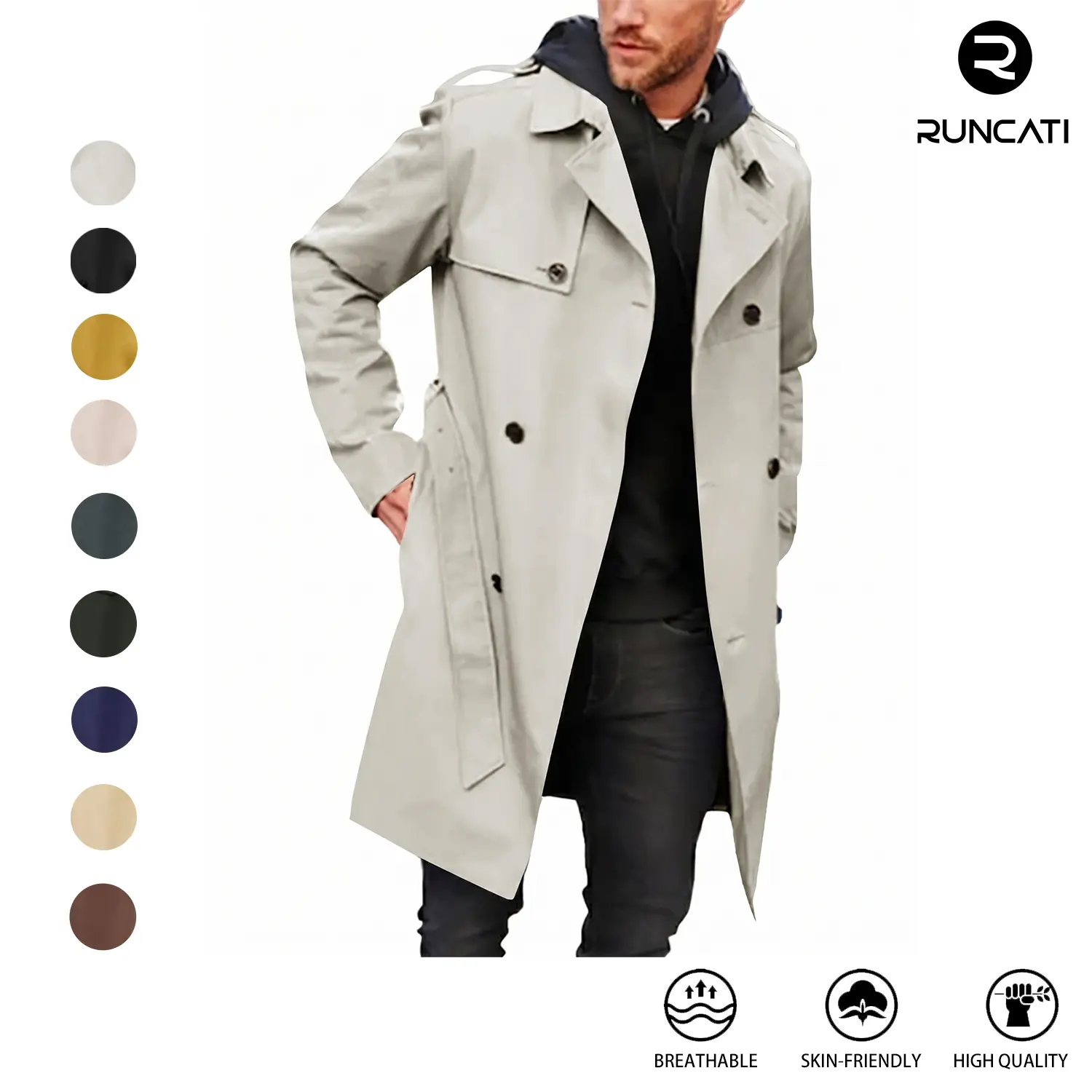 Runcati Men's Coat Double Breasted Trench Coat Long Lapel Business Jacket with Belt Runcati Men's Coat Double Breasted Trench Coat Long Lapel Business Jacket with Belt
