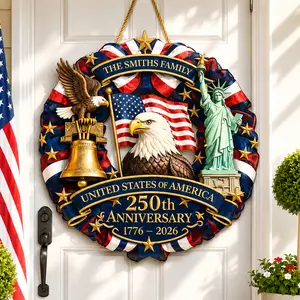 Personalized Patriotic Door Wreath Custom Family Name 24 Designs United States 250th Anniversary Hanging Sign 1776 2026 America Front Door Decor Memorial Day Fourth Of July Gift For Family Home Decor Porch Decor