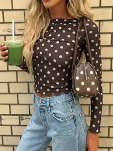 1 Spring Summer Polka Dot Mesh Top Women | Long Sleeve Sheer Lettuce Trim Slim Fit Fitted Crop Top | Y2K Retro Vintage Casual Style for Daily Vacation Date Night Wear, Womenswear, Casual Basic Top, Casual Comfy Shirt