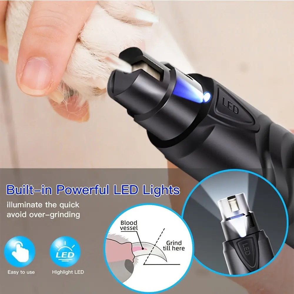 Dog Nail Grinder with LED Light, Quiet Rechargeable Nail Grinder for Dogs, Puppy, 2-Speed Painless Nail Trimmer for Large Dogs, Paw Trimmer