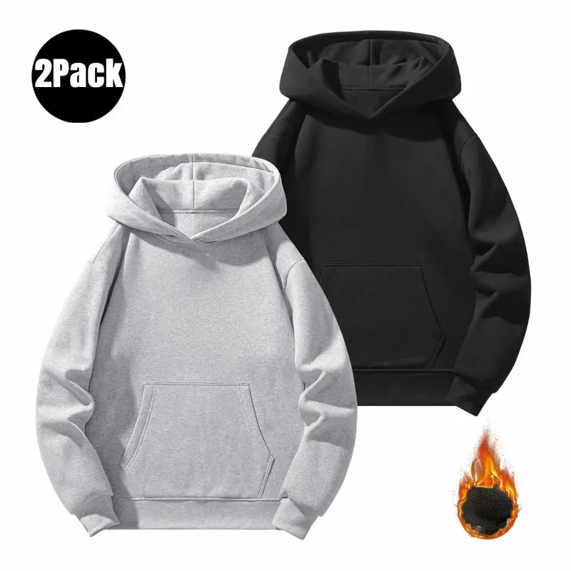 Men's 2-Piece Plain Long-Sleeve Fleece Hoodie Sweatshirt, Casual Menswear Top with Kangaroo Pocket, Autumn Winter Clothing, Christmas Gift