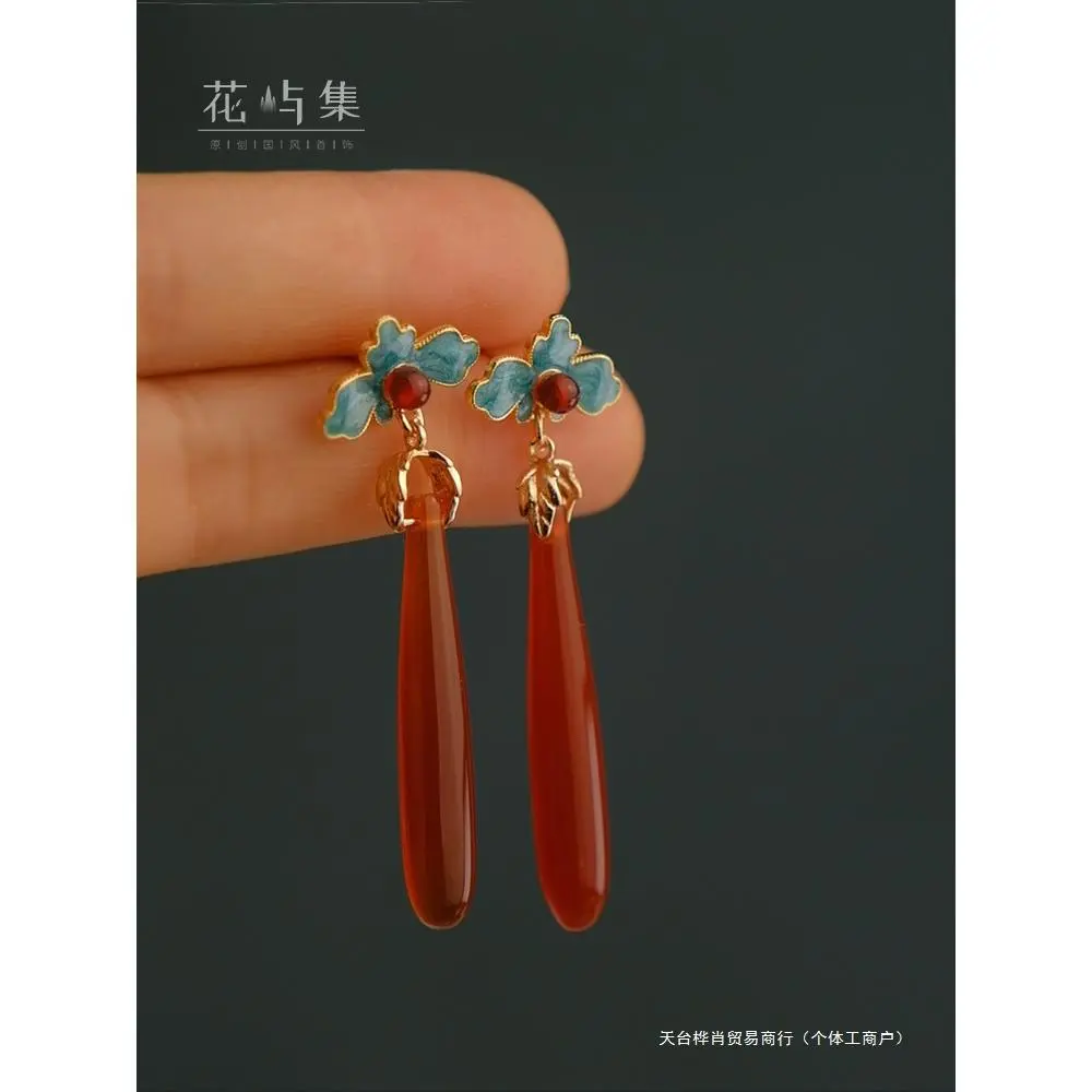 Red Agate and Blue Enamel Stud Earrings with Mock Jade Water Drop, Traditional Pendants for Adult Hanfu & Cheongsam Wear, Drop Earrings, Hanfu Wear, Adults, Decorative, Crystal, 1 Pair, A Pair Of Ear Studs, Fashion, Crystals, Gemstone