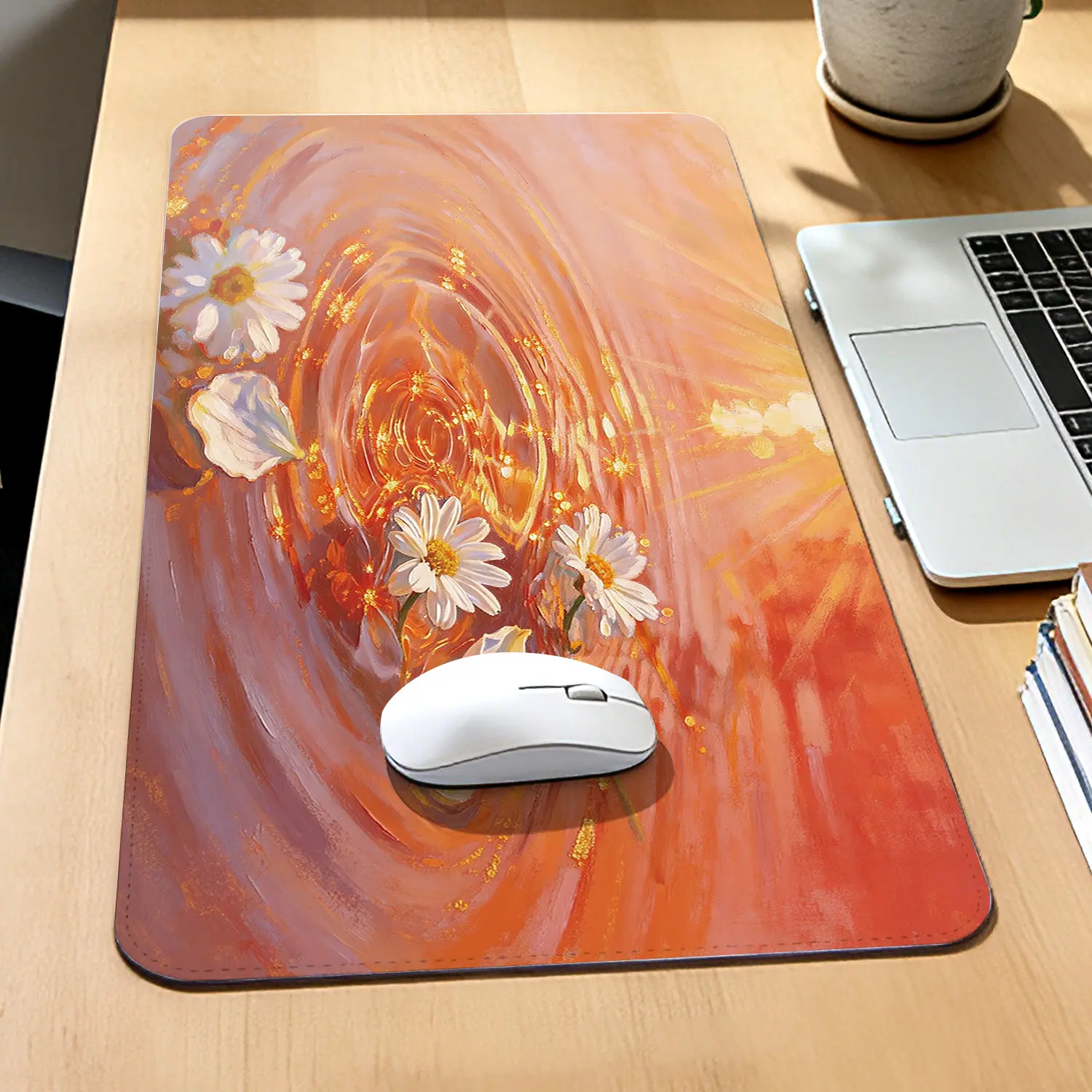 Premium Rectangular White Daisies & Golden Water Sunlight Reflection Gaming Mouse Pad, 40x80cm, Non-Slip Rubber Base, Durable, Comfortable, High-Quality Modern Computer Accessory for Gamers & Office Users, Gaming Mouse Pads