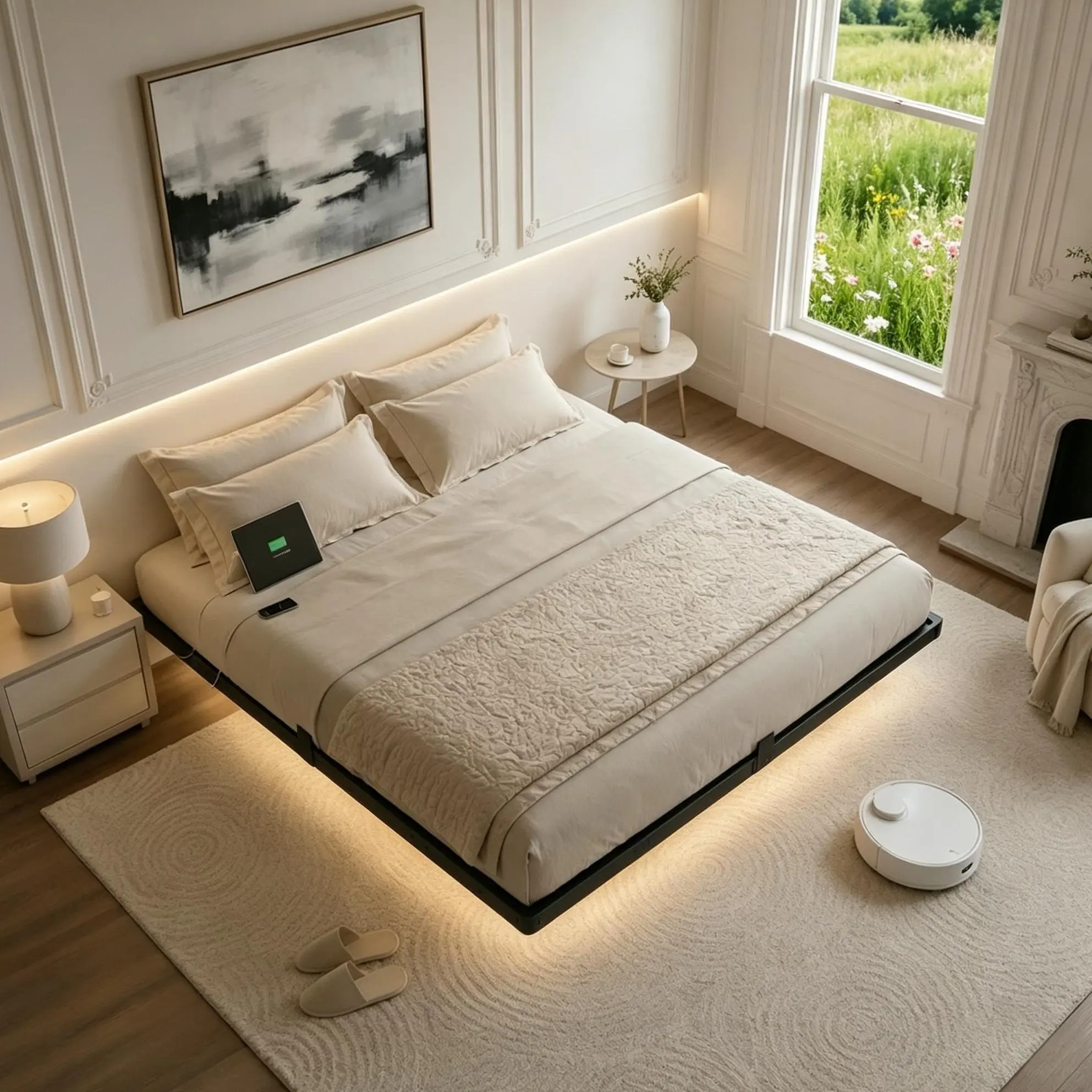 DAYAGO Modern Floating Metal Bed Frame - RGB Mood Light Attachment, USB Port Silent Charging Station, Noise-Free, No Box Spring Needed, Self-Assemble, Multi-Sizes (Full/Queen/King), Indoor Furniture Base, Metal Bed Frames