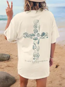 Women's Cross & Shell Print Round Neck Tee, Casual Short Sleeve T-shirt for Beach Vacation, Ladies Summer Clothes, Womenswear