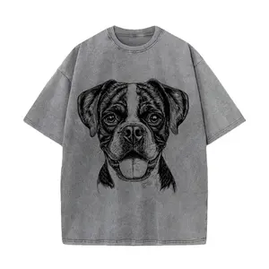 Boxer Dog Black & White Line Art Graphic – Mineral Washed Oversized 100% Pure Cotton T-Shirt, Unisex Retro Shirt Gift for Boxer Fans