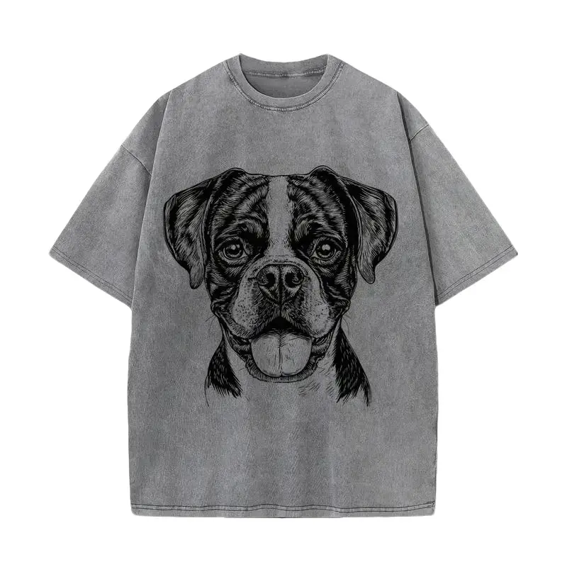 Women's 100% Pure Cotton Mineral Washed Distressed Loose Round Neck Oversized Streetwear T-Shirt - Natural Soft Fabric, Retro Casual Fit, Black & White Boxer Dog Line Art Print, Gift for Boxer Fans, Cardigans, Stylish, Baggy