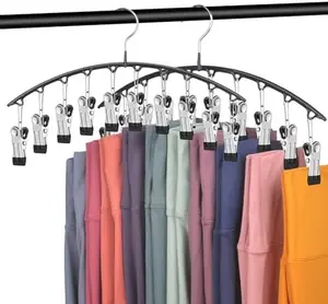 Space saving closet hangers for leggings and pants – 2 pack metal pants organizer with 10 clips, non-slip rubber coated hangers for yoga pants, jeans and tr Hanging