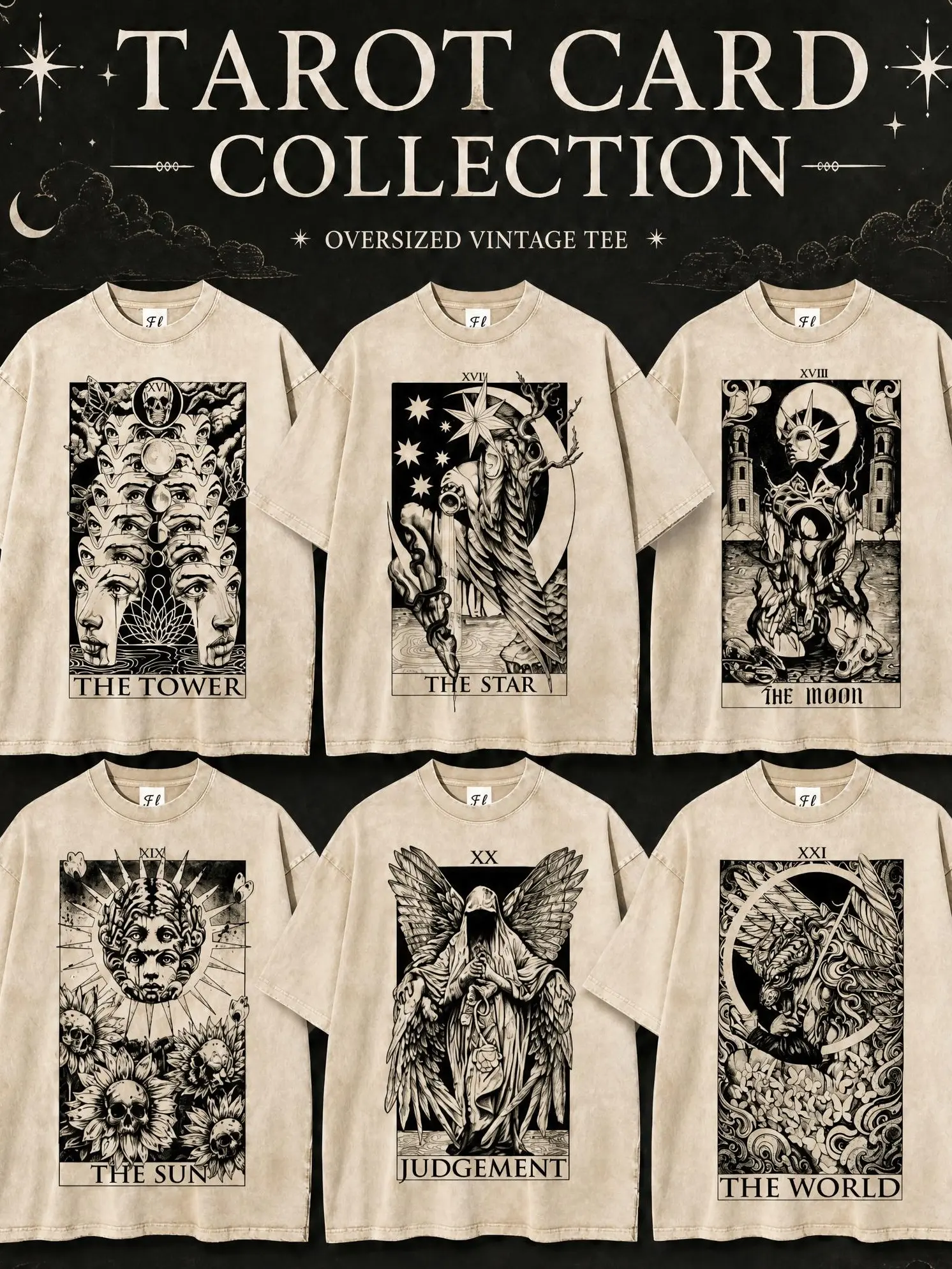 [BT] Unisex Cotton Tarot Card Graphic T-Shirt - 6 Designs (The Star, Sun, Moon, Tower, World, Judgement), Vintage Washed, Oversized, Crew Neck, Short Sleeve, Mystic Gothic Retro Streetwear, Y2K, Black/Grey/Apricot, Daily Casual, Machine Washable Gift Top