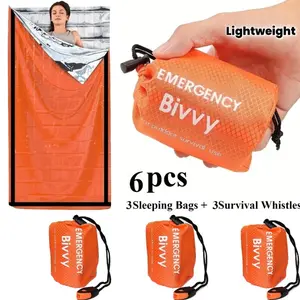 6-piece emergency survival sleeping bag set, including 3 survival thermal bags and 3 survival whistles — the thermal blanket is suitable for hiking, camping, and backpacking; lightweight and compact, it can serve as outdoor shelter gear and provides emerg
