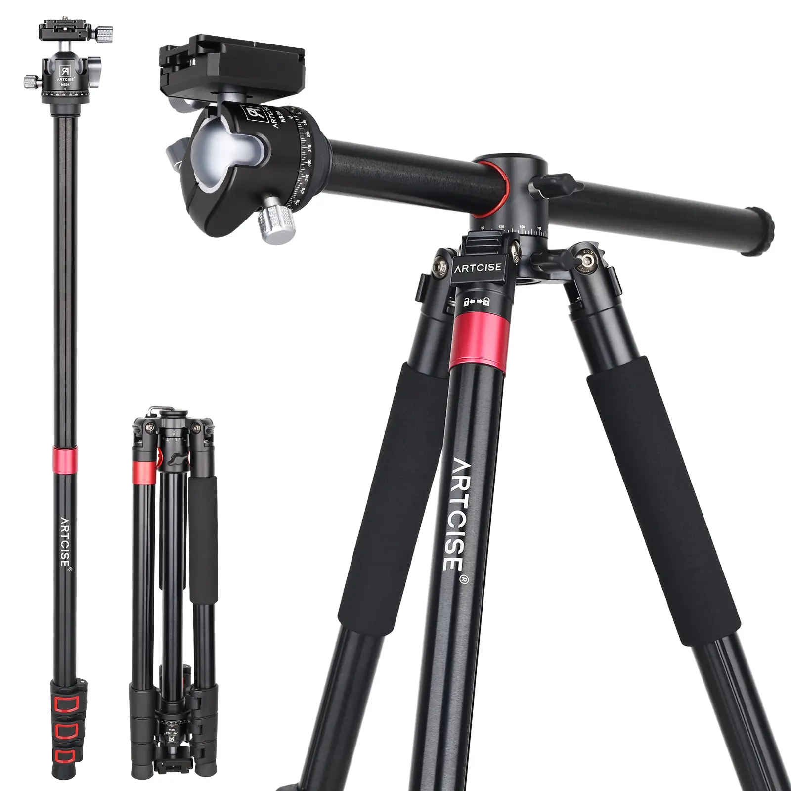 ARTCISE ZF60  Camera Tripod Monopod with Center Column and Ball Head Aluminum, Arca Type QR Plate, Bag, Horizontal Tripod Overhead Camera Mount for DSLR Camera, Video Camcorder