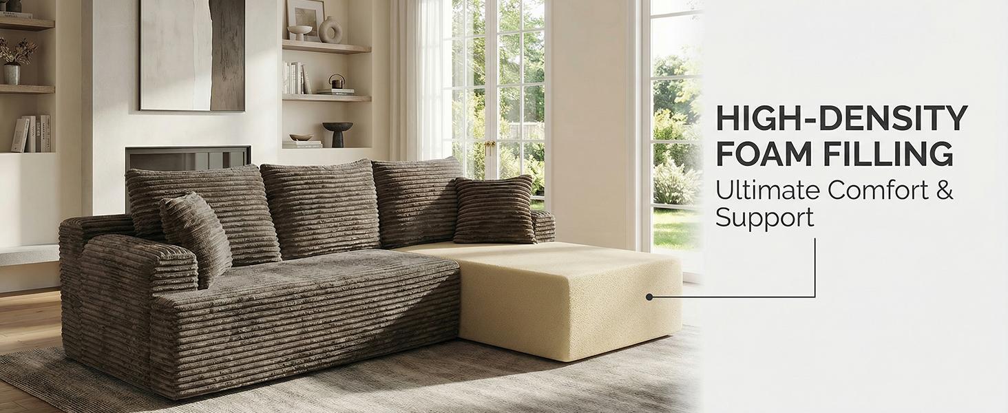 L-shaped living room sofa design featuring vacuum compression and all-foam construction; modular sofa with durable, comfortable upholstery; soft sofa cushion; no frame; sectional sofa suitable for the living room.