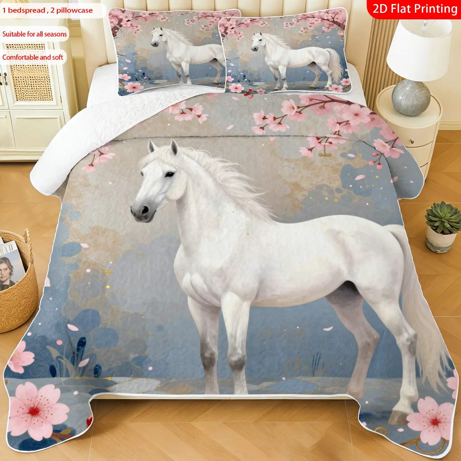 3pcs, 2D flat print Elegant Watercolor Bedspread Set with White Horse & Cherry Blossom Design, multiple sizes available, bedding set, festive decorative bedding, ideal for bedroom décor(1 bedspread , 2 pillowcase)