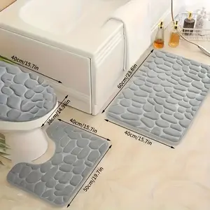 Soft Luxury 3pcs Memory Foam Bathroom Mat Set - Non-Slip, Quick-Dry Absorbent, Coral Fleece, with Toilet Lid Cover for Bathroom Floor Rug Light Gray