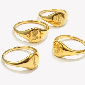 Tarnish Free Stainless Steel 18k Gold Plated Engraving Wildflower Tea Leaf Lavender Sunflower Signet Rings For Women