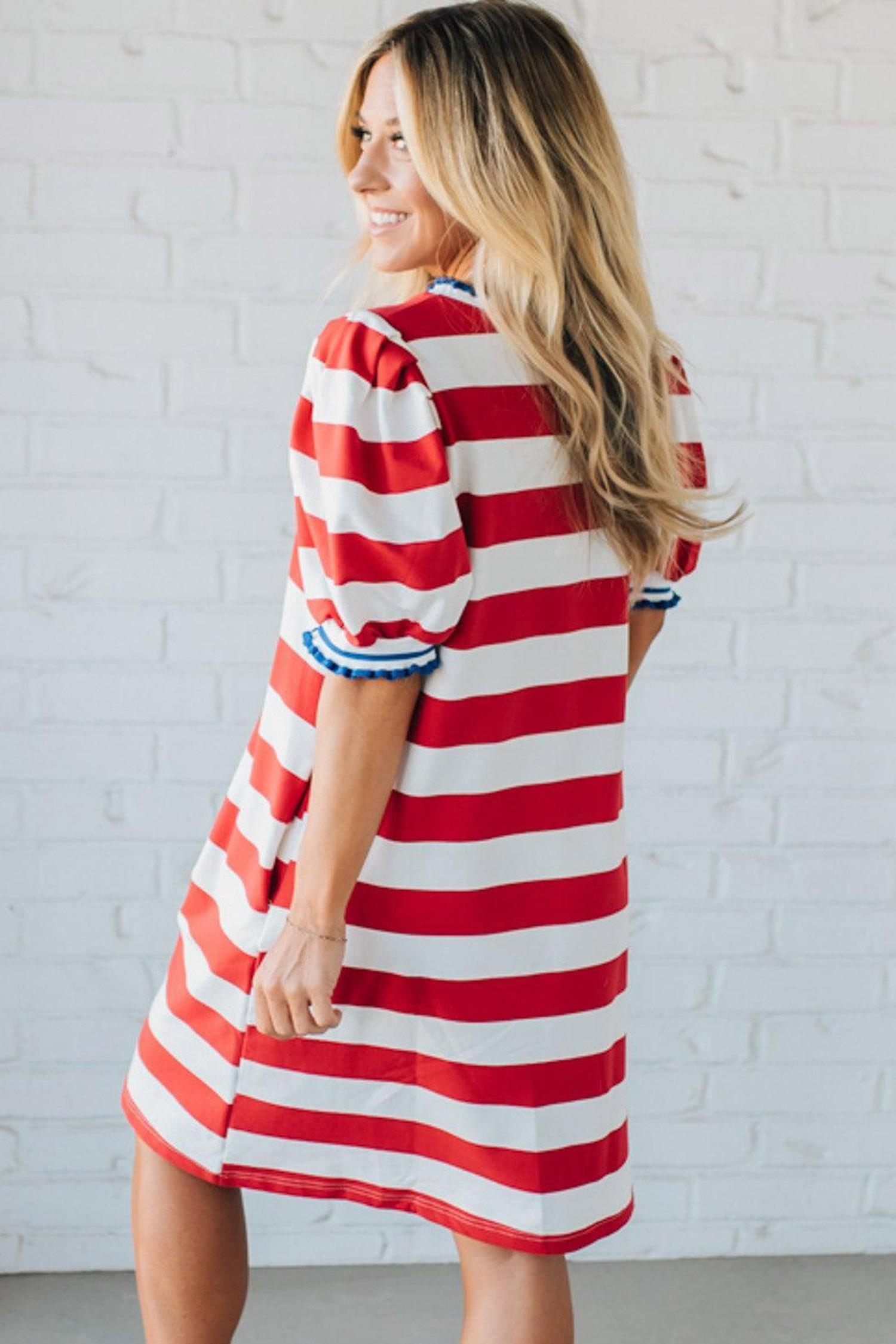 Mntaor Women's Summer Striped Shift Mini Dress - Contrast Trim, Round Neck, Puff Sleeves - Flowy, Comfortable, Y2K Aesthetic - Ideal for Office Casual, Weekend Outings - Pair with Wedges or Boots