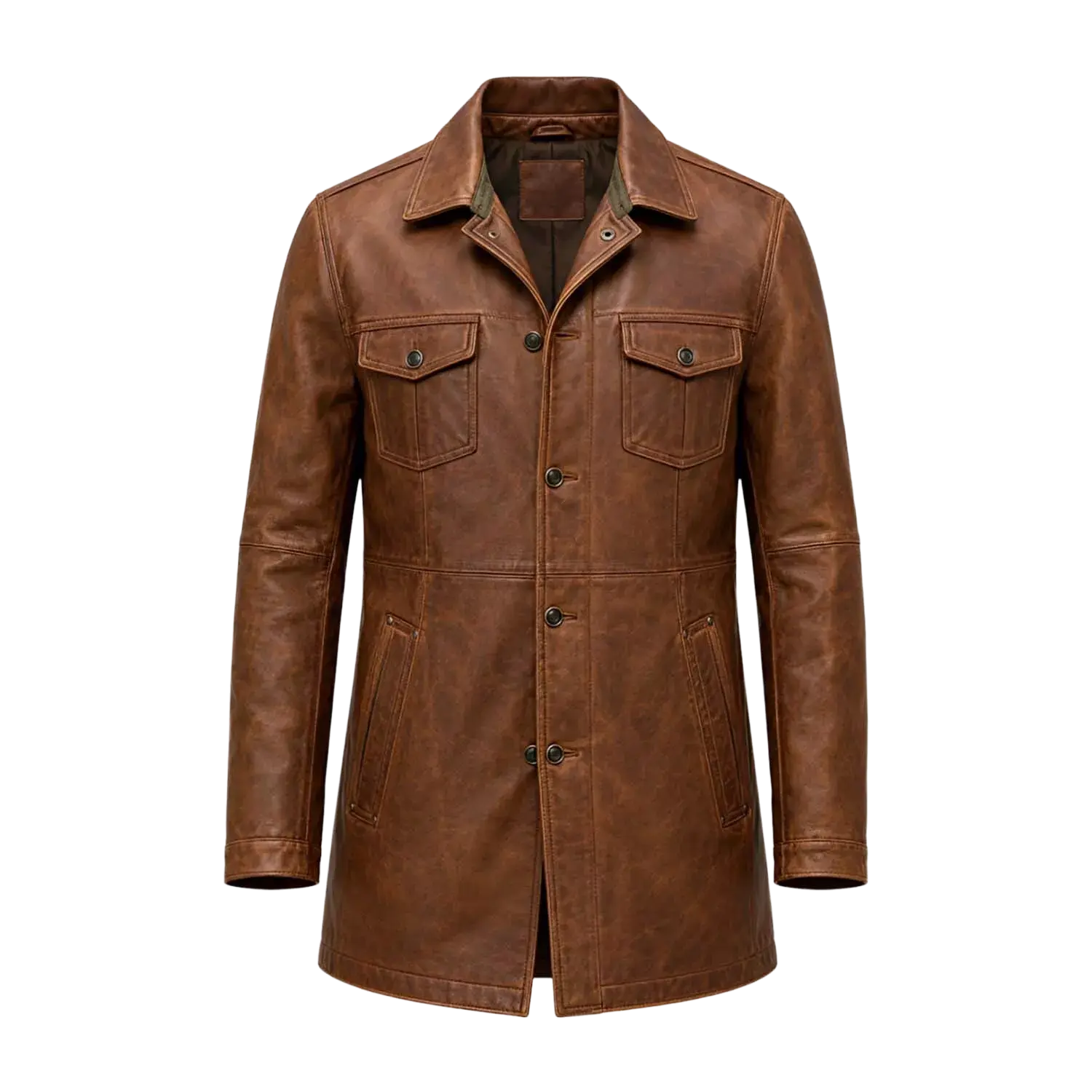 Men’s Brown Leather Workwear Coat | Vintage Button Front Utility Jacket